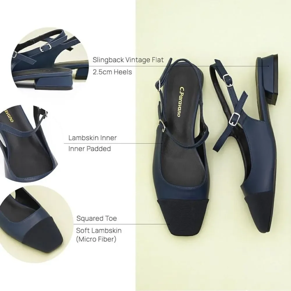 C.Paravano Navy Leather Square Toe Slingback Flats - Picture 4 of 9